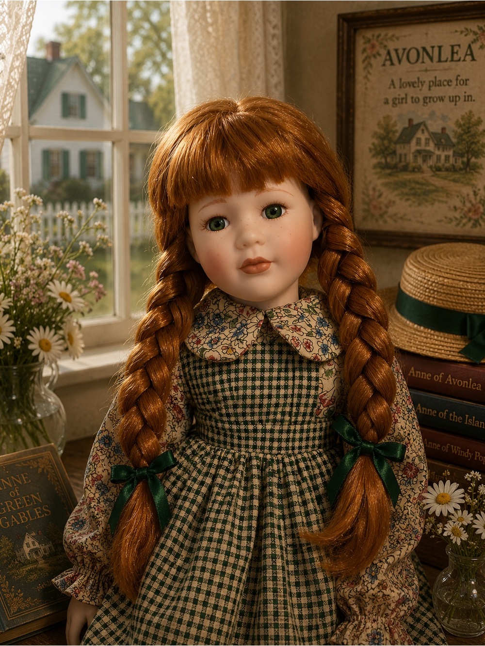 Redhead Porcelain Doll in Green Plaid Dress